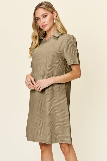 Double Take Full Size Texture Collared Neck Short Sleeve Dress-Angel Casuals