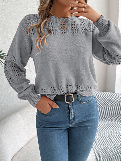 Openwork Round Neck Long Sleeve Sweater-Angel Casuals