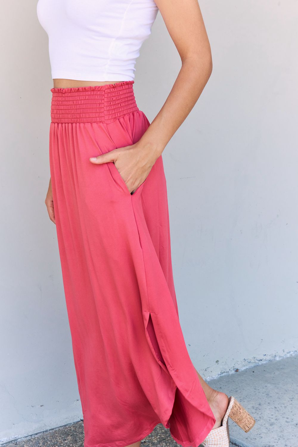 Doublju Comfort Princess Full Size High Waist Scoop Hem Maxi Skirt in Hot Pink-Angel Casuals