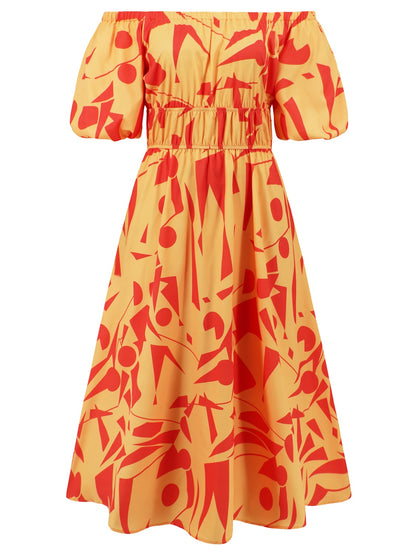 Printed Off-Shoulder Balloon Sleeve Dress-Angel Casuals