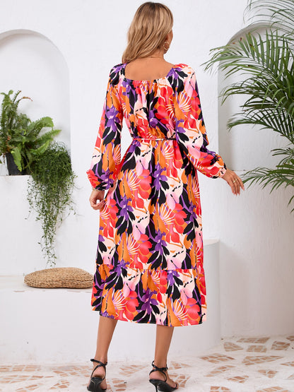 Printed Long Sleeve Midi Dress-Angel Casuals