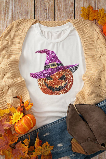 Sequin Pumpkin Round Neck Short Sleeve T-Shirt-Angel Casuals