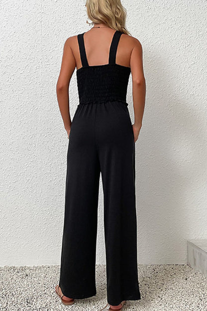 Smocked Sleeveless Wide Leg Jumpsuit with Pockets-Angel Casuals