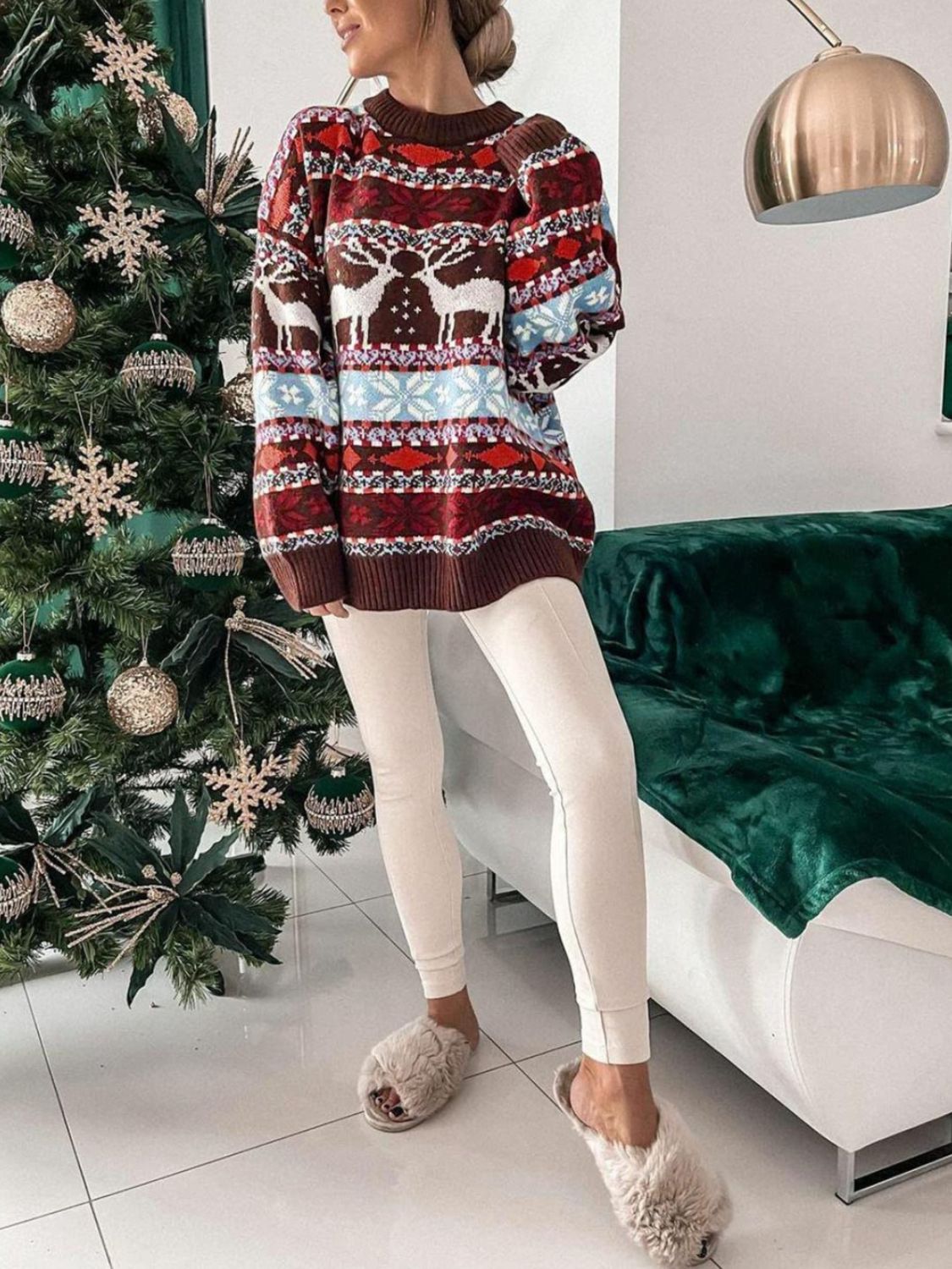 Geometric Round Neck Dropped Shoulder Sweater-Angel Casuals