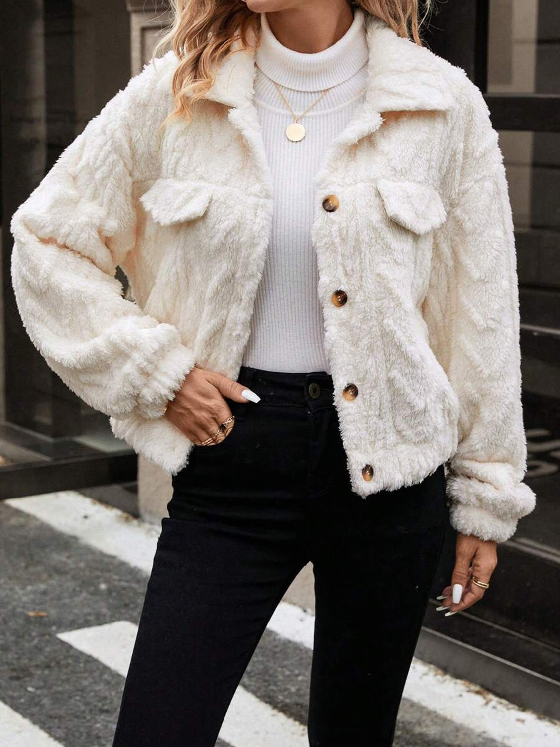 Button Up Long Sleeve Fuzzy Outerwear-Angel Casuals