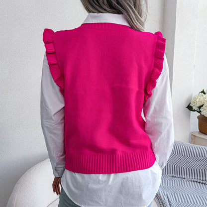 Ruffle Shoulder Ribbed Trim Sweater Vest-Angel Casuals