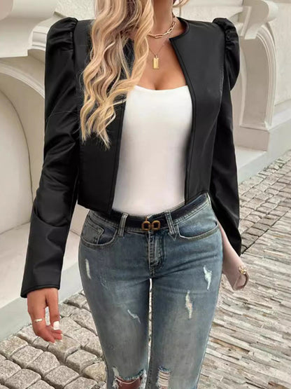 PU Leather Open Front Puff Sleeve Jacket-Angel Casuals