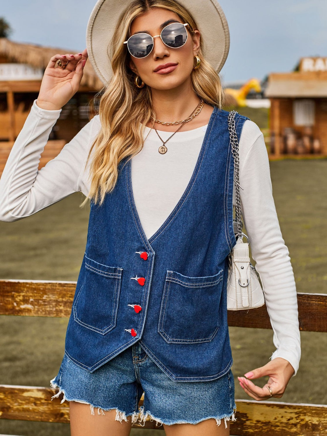 Pocketed Button Up Sleeveless Denim Jacket-Angel Casuals
