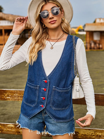 Pocketed Button Up Sleeveless Denim Jacket-Angel Casuals