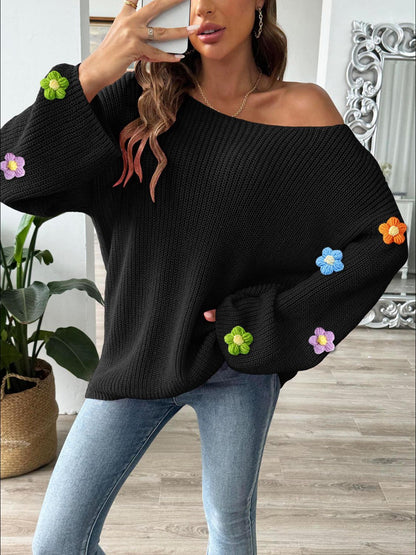 Flower Round Neck Long Sleeve Sweater-Angel Casuals