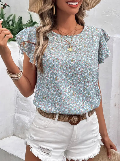 Ditsy Floral Round Neck Cap Sleeve Top-Angel Casuals