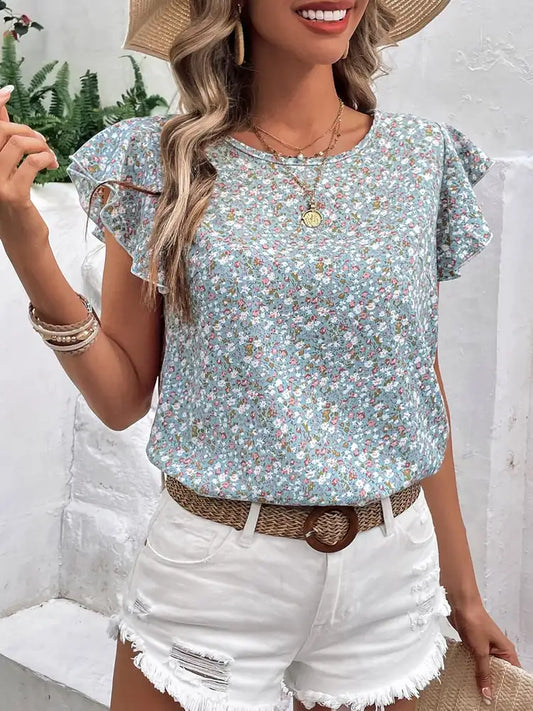Ditsy Floral Round Neck Cap Sleeve Top-Angel Casuals