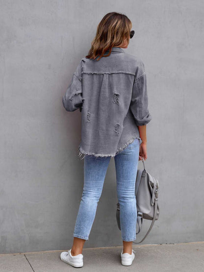 Distressed Drop Shoulder Denim Jacket-Angel Casuals