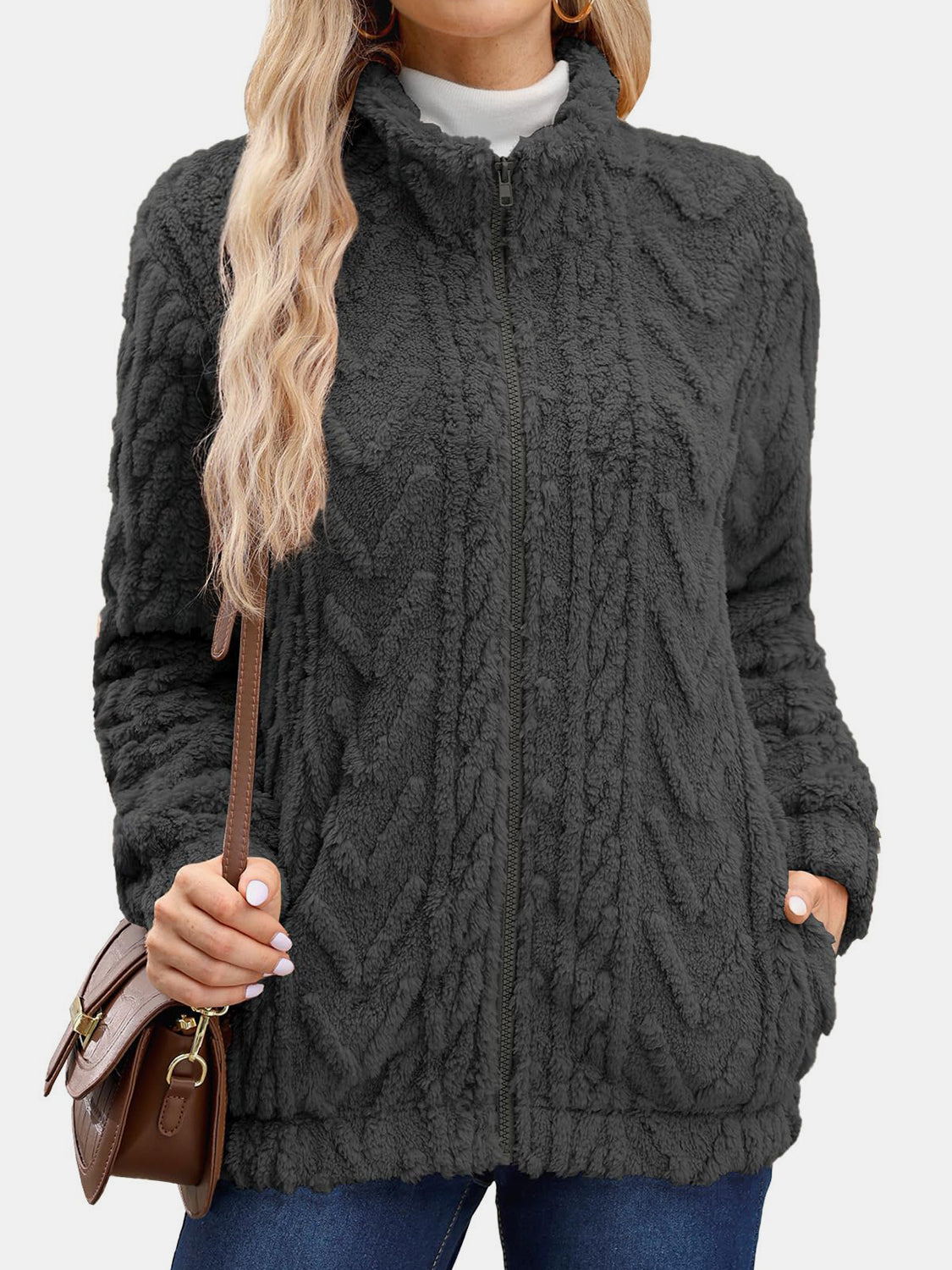 Fuzzy Zip Up Long Sleeve Jacket-Angel Casuals