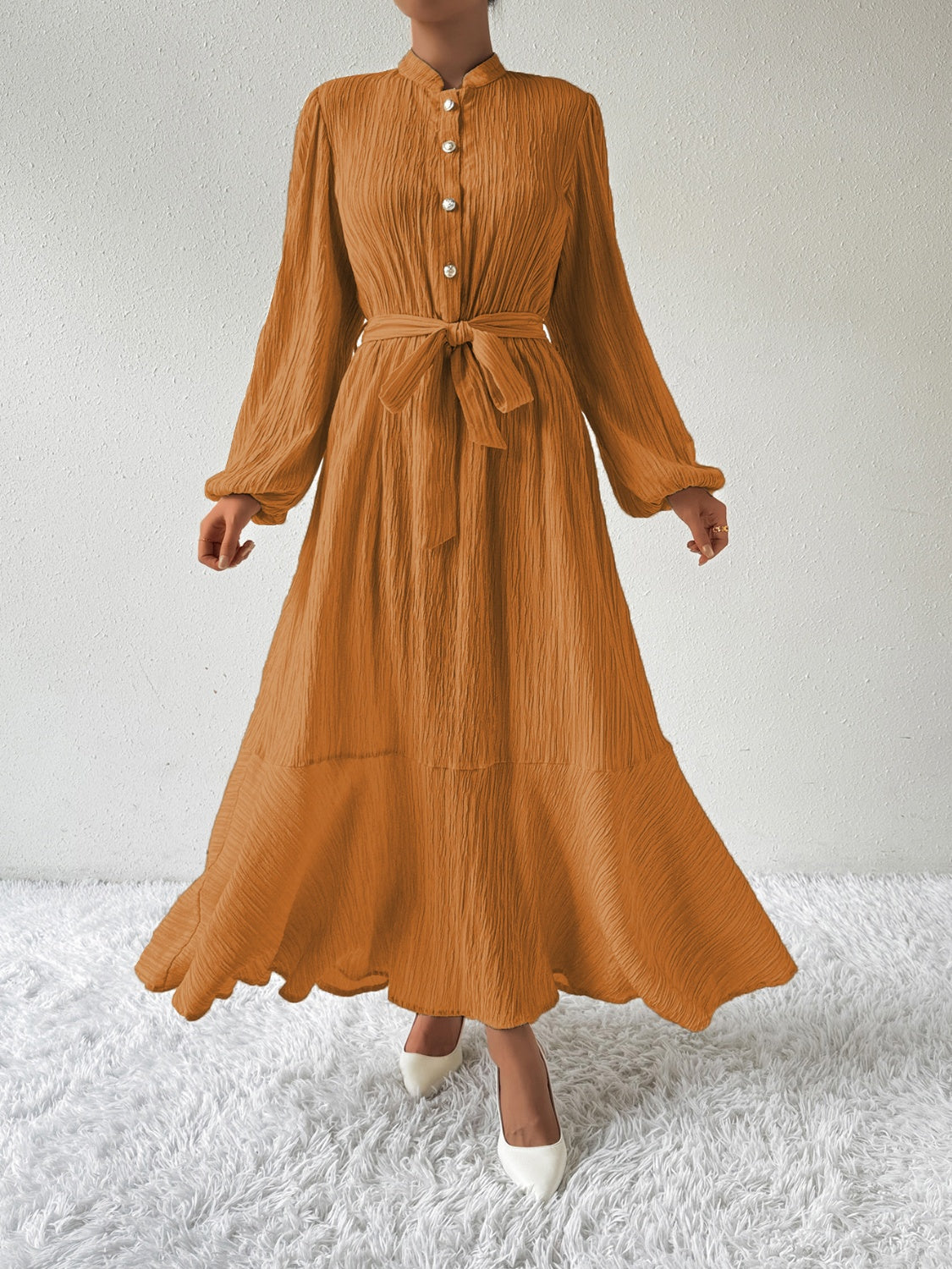 Tie Waist Long Sleeve Dress-Angel Casuals