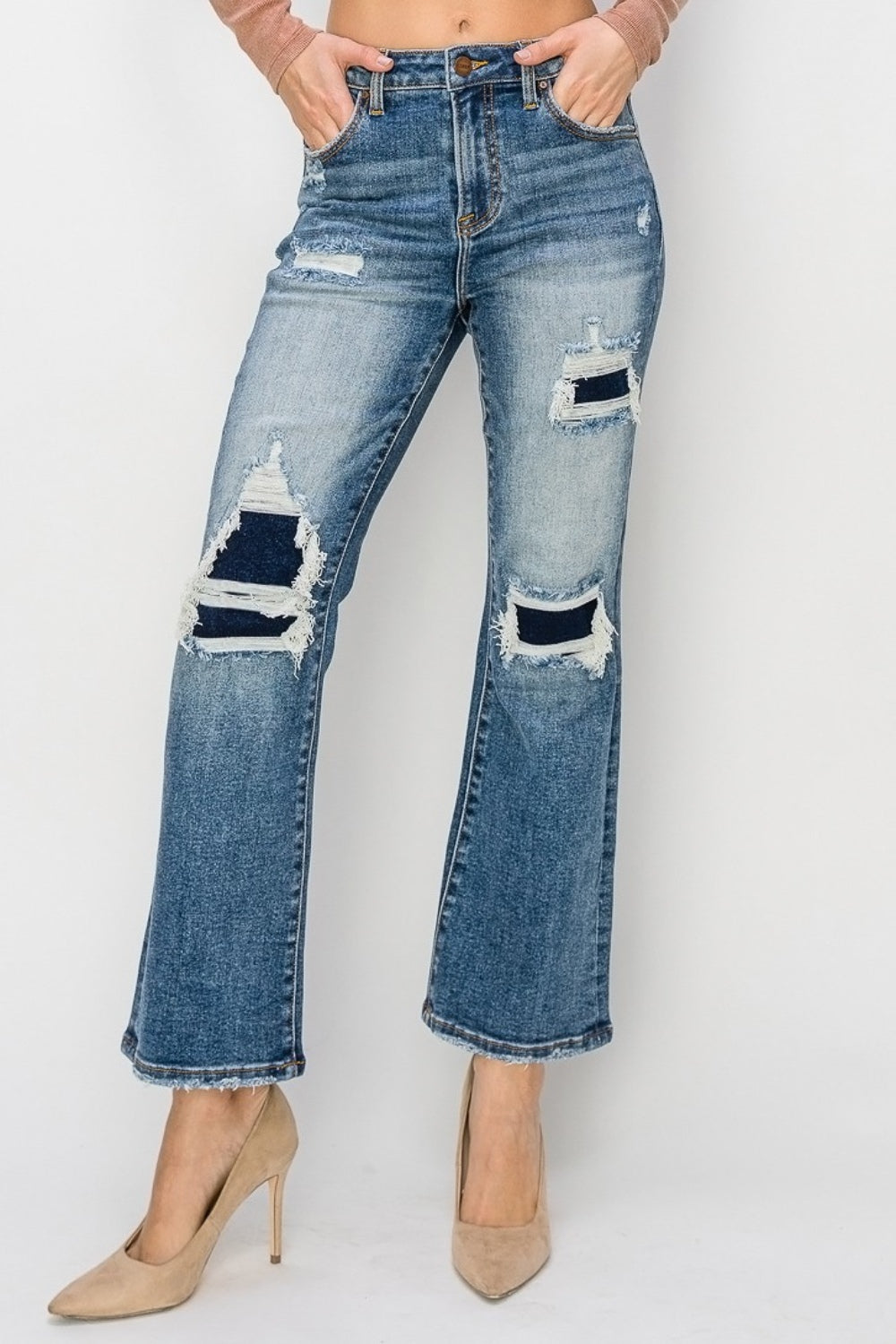 Risen Full Size High Rise Distressed Ankle Flare Jeans-Angel Casuals