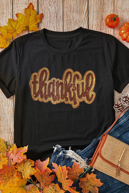 THANKFUL Sequin Round Neck Short Sleeve T-Shirt-Angel Casuals