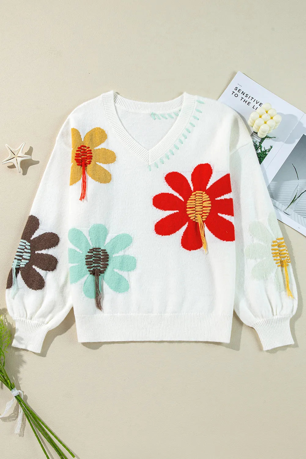 Flower V-Neck Dropped Shoulder Sweater-Angel Casuals