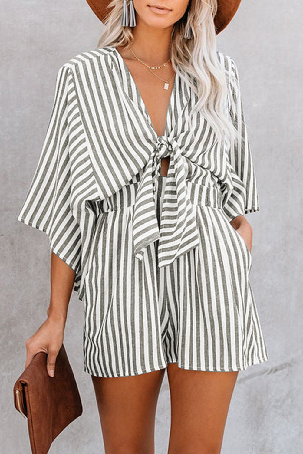 Bow Striped Kimono Sleeve Romper-Angel Casuals