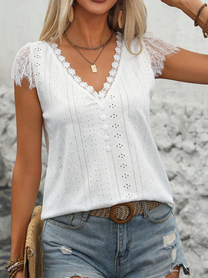 Perfee Eyelet Lace Detail V-Neck Cap Sleeve Top-Angel Casuals
