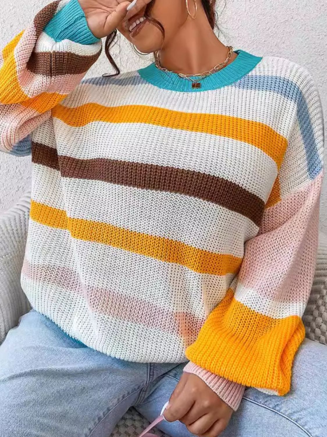 Striped Round Neck Long Sleeve Sweater-Angel Casuals