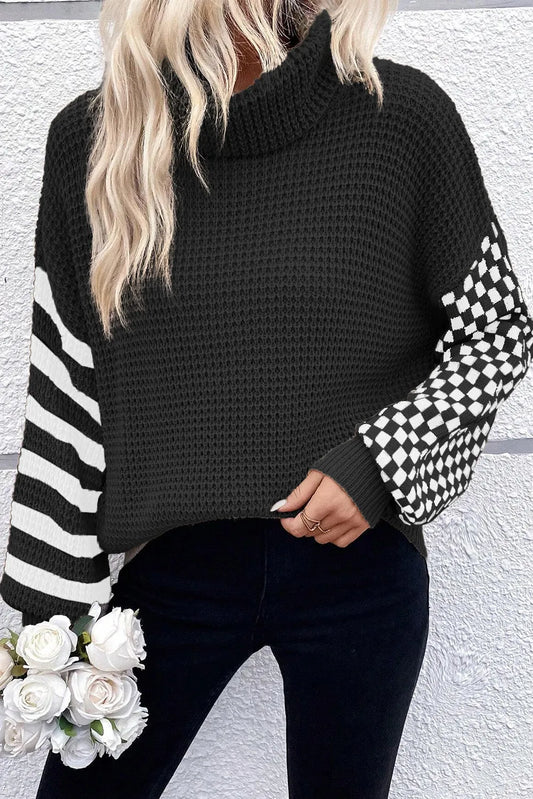 Checkered Striped Turtleneck Long Sleeve Sweater-Angel Casuals