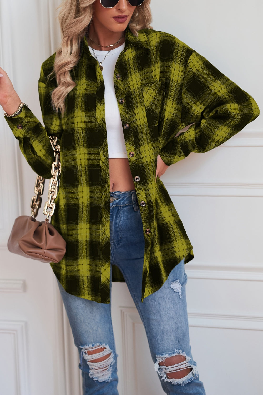 Plaid Button Up Dropped Shoulder Outerwear-Angel Casuals