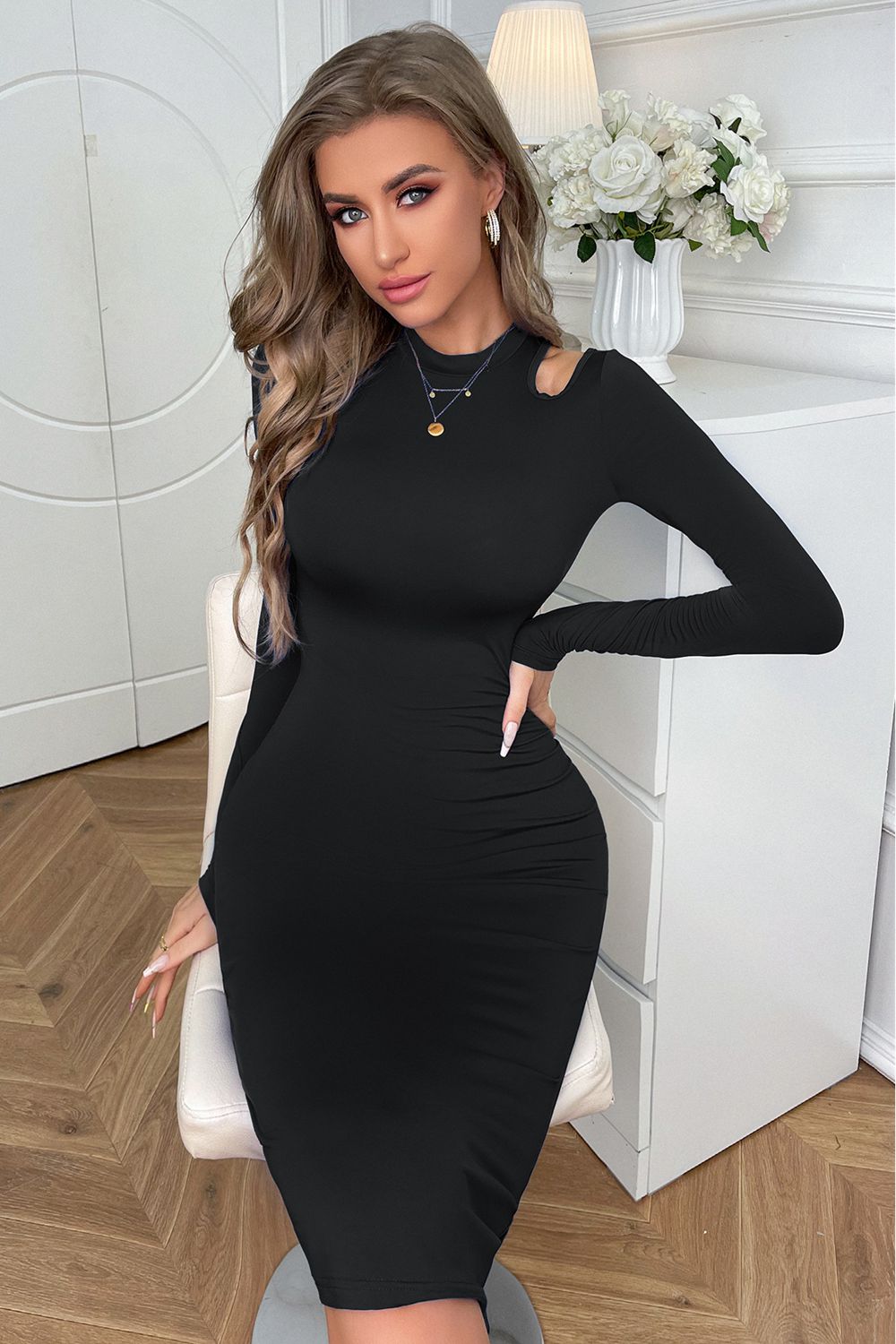 Cutout Long Sleeve Pencil Dress-Angel Casuals