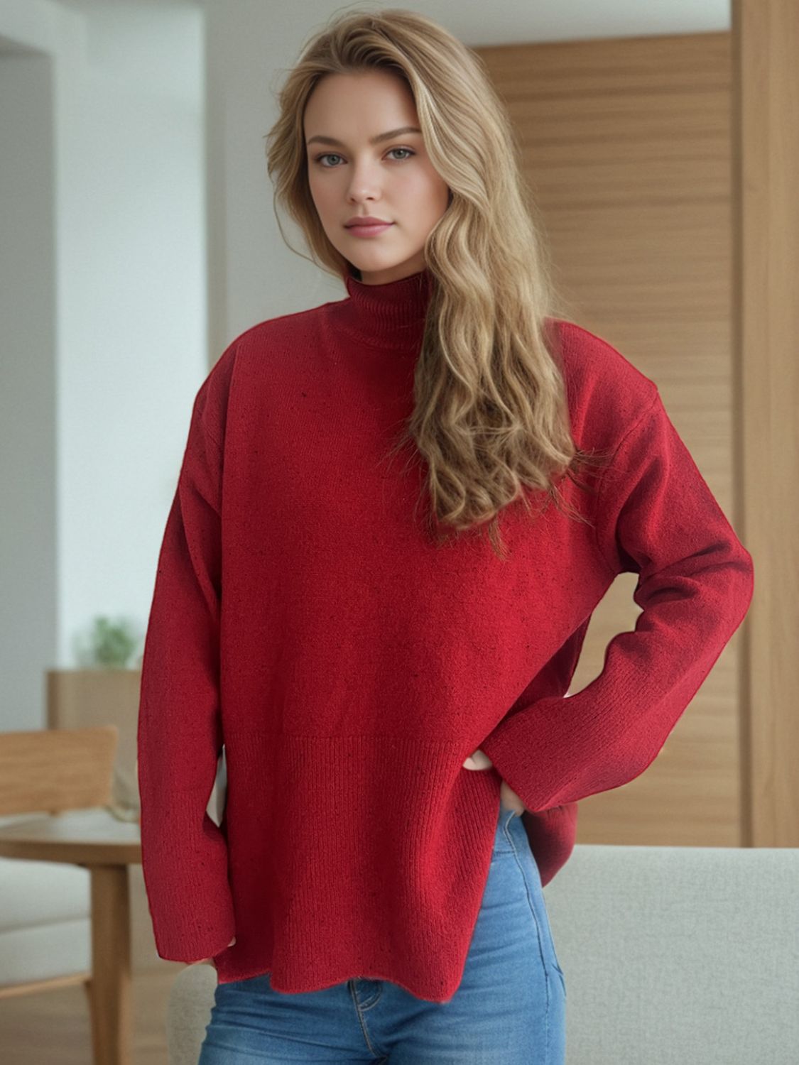 Side Slit Turtleneck Long Sleeve Sweater-Angel Casuals