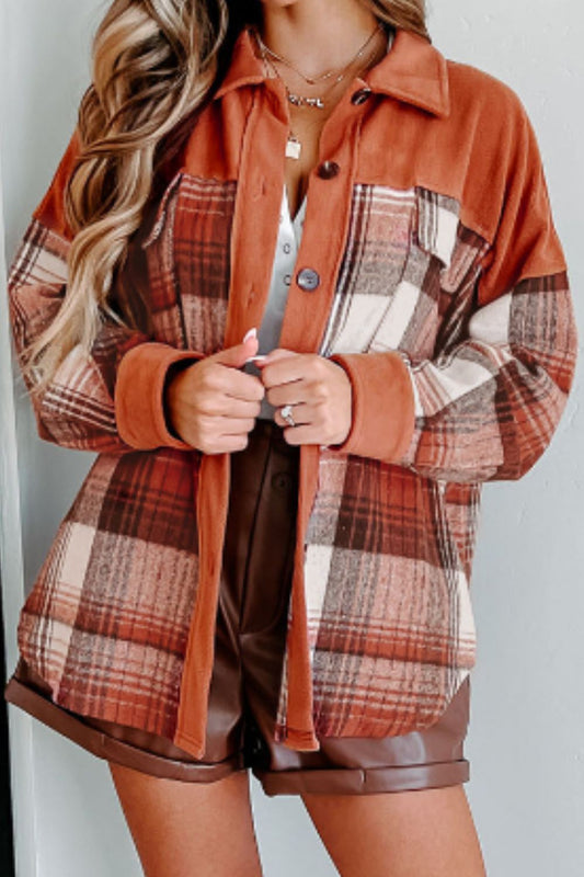 Plaid Button Up Long Sleeve Jacket-Angel Casuals