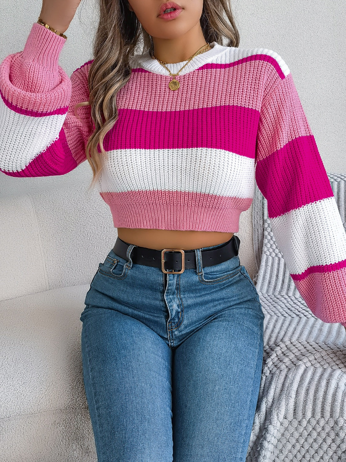 Color Block Round Neck Cropped Sweater-Angel Casuals