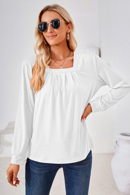 Square Neck Ruched Long Sleeve Blouse-Angel Casuals