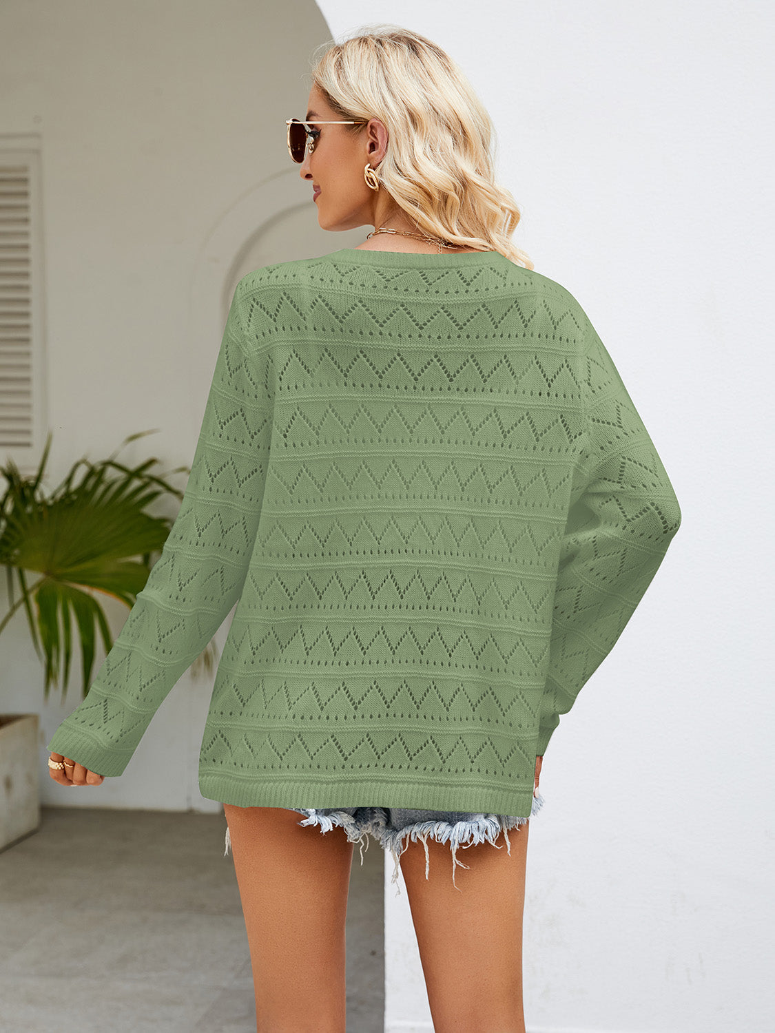 Round Neck Openwork Long Sleeve Knit Top-Angel Casuals