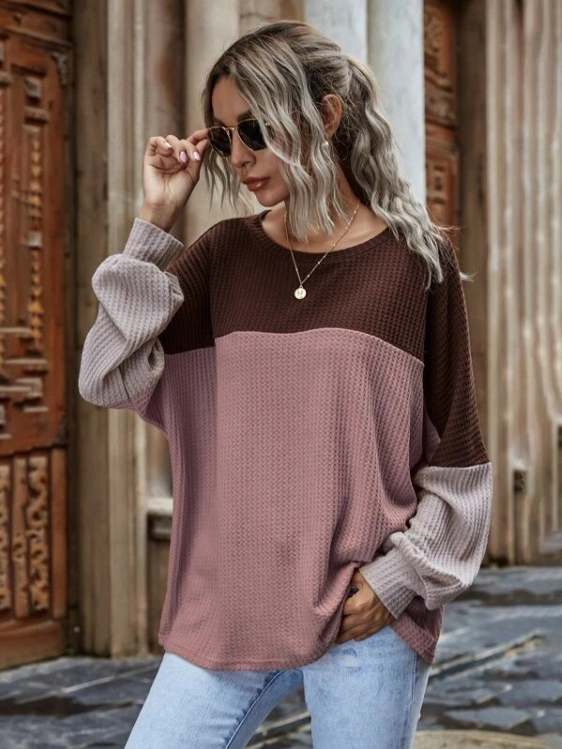 Color Block Waffle-Knit Long Sleeve Top-Angel Casuals