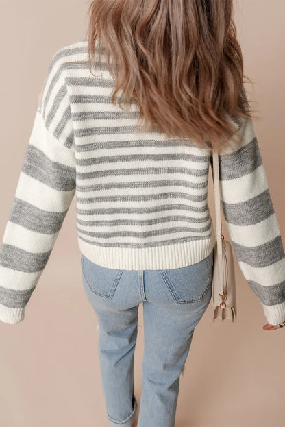 Striped Round Neck Dropped Shoulder Sweater-Angel Casuals