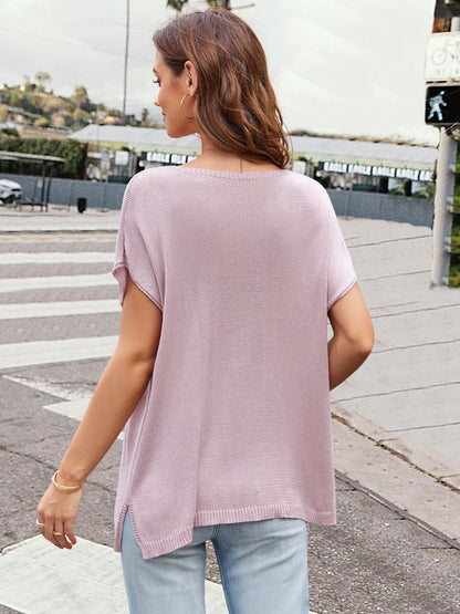 Notched Short Sleeve Knit Top-Angel Casuals