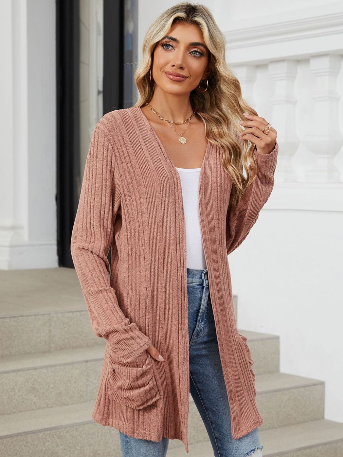 Pocketed Open Front Long Sleeve Cardigan-Angel Casuals