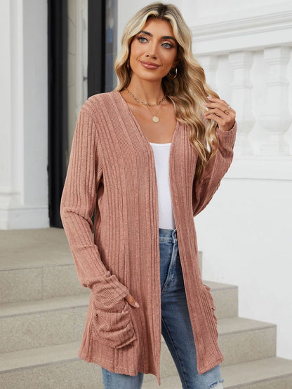 Pocketed Open Front Long Sleeve Cardigan-Angel Casuals