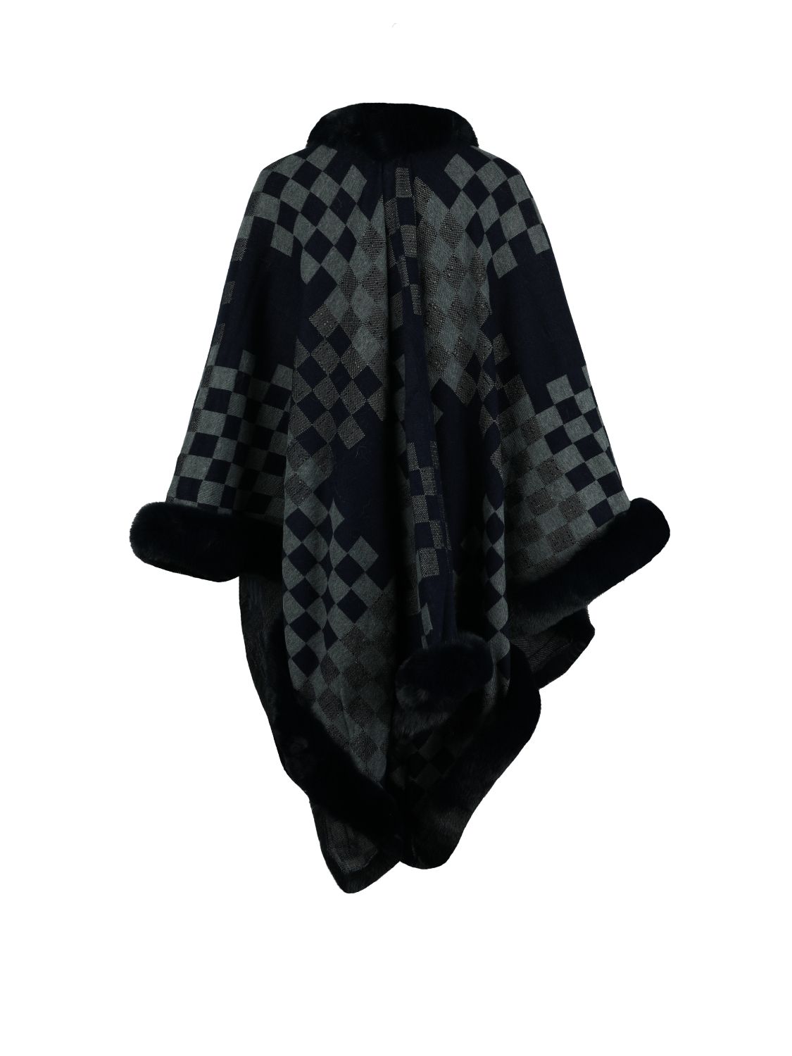 Checkered Faux Fur Trim Poncho-Angel Casuals