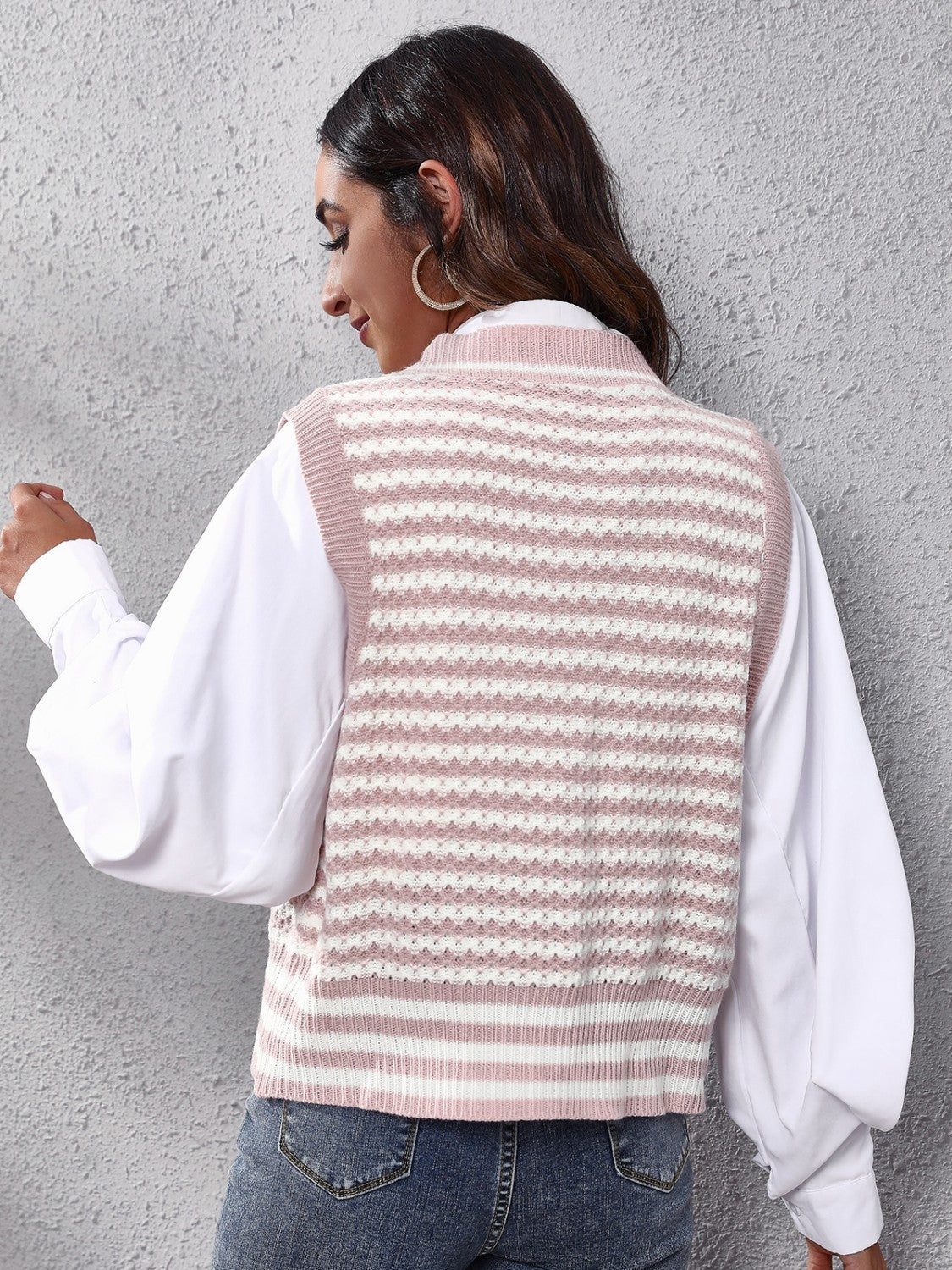 Striped Button Up V-Neck Sweater Vest-Angel Casuals