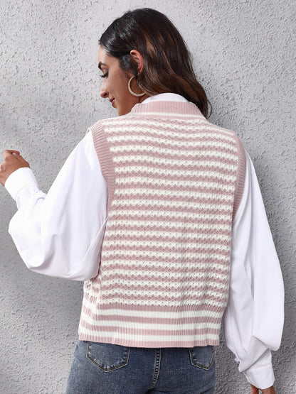 Striped Button Up V-Neck Sweater Vest-Angel Casuals