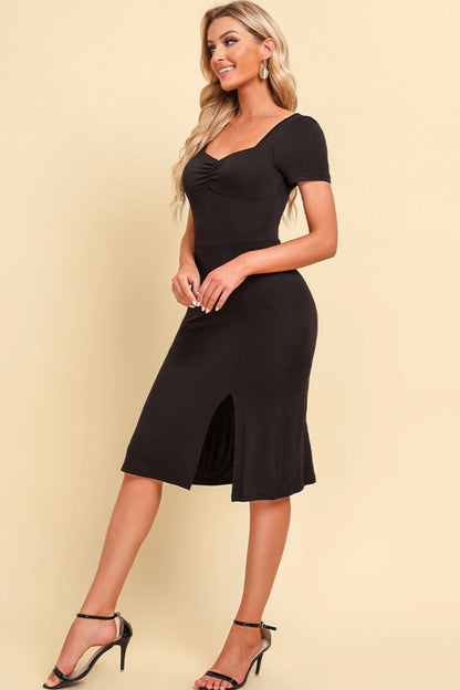 Ruched Sweetheart Neck Short Sleeve Slit Dress-Angel Casuals