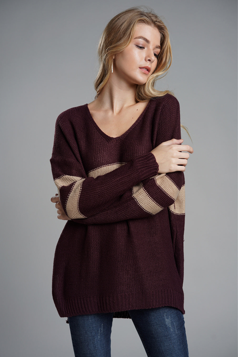 Slit Contrast V-Neck Long Sleeve Sweater-Angel Casuals