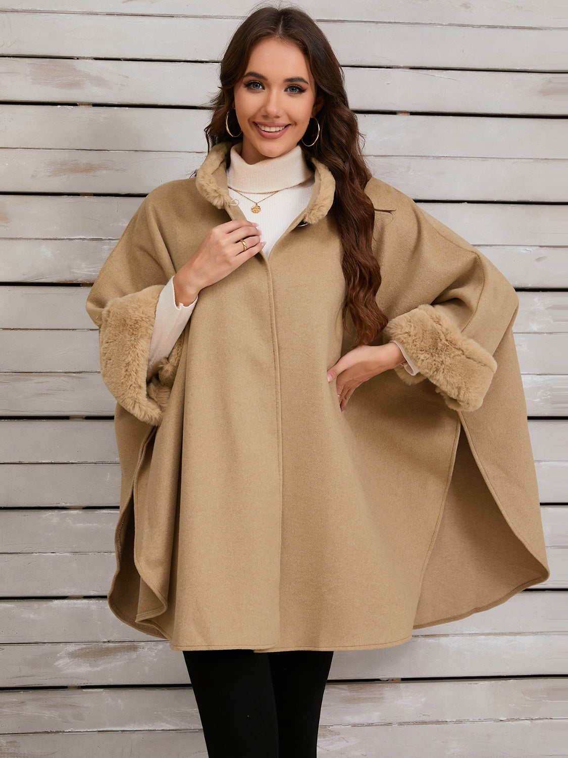 Fuzzy Trim Long Sleeve Poncho-Angel Casuals