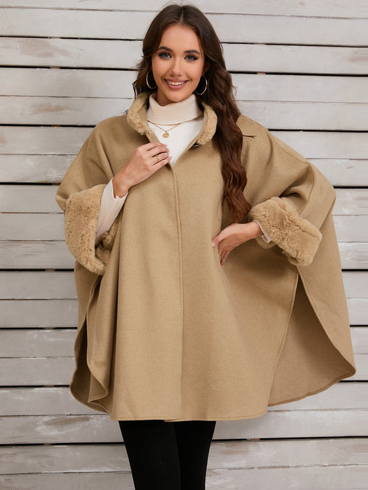 Fuzzy Trim Long Sleeve Poncho-Angel Casuals
