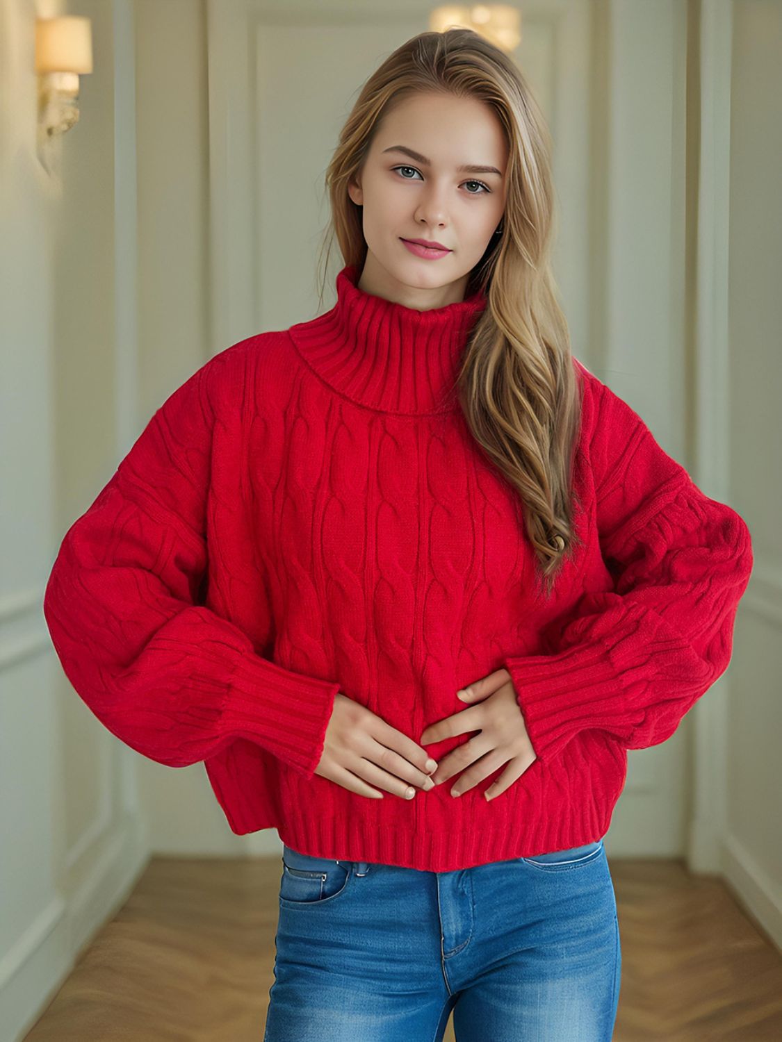 Cable-Knit Turtleneck Long Sleeve Sweater-Angel Casuals