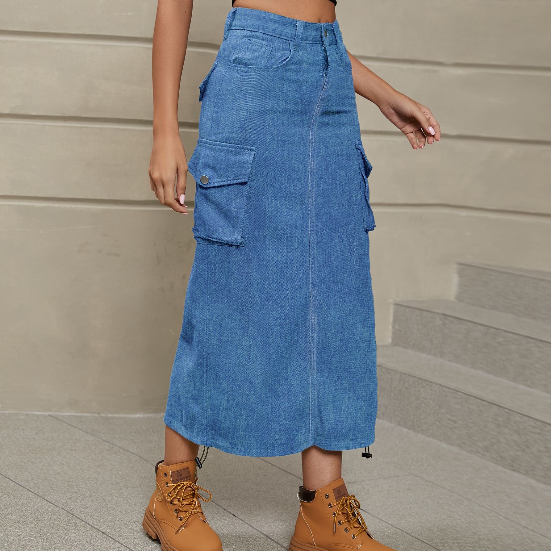 Drawstring Ruched Slit Denim Midi Skirt-Angel Casuals