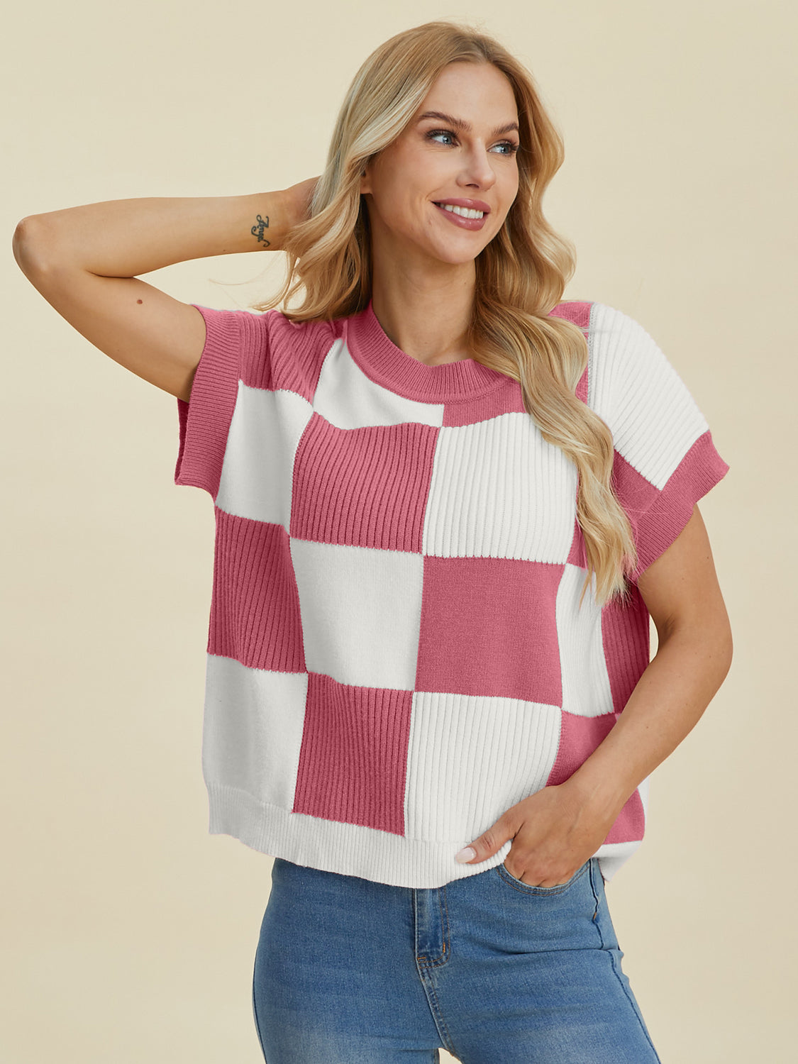 Double Take Full Size Checkered Round Neck Short Sleeve Sweater-Angel Casuals