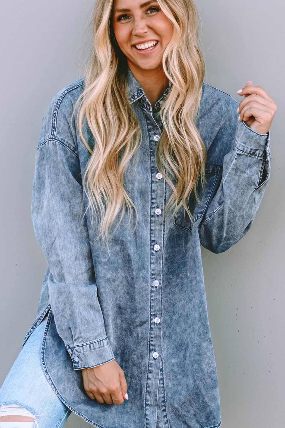 Button Up Dropped Shoulder Denim Top-Angel Casuals