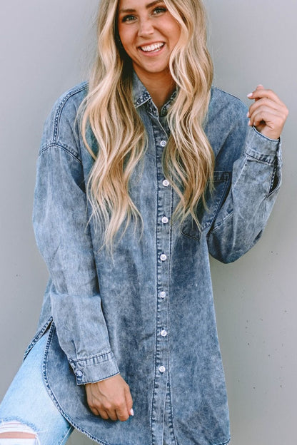 Button Up Dropped Shoulder Denim Top-Angel Casuals